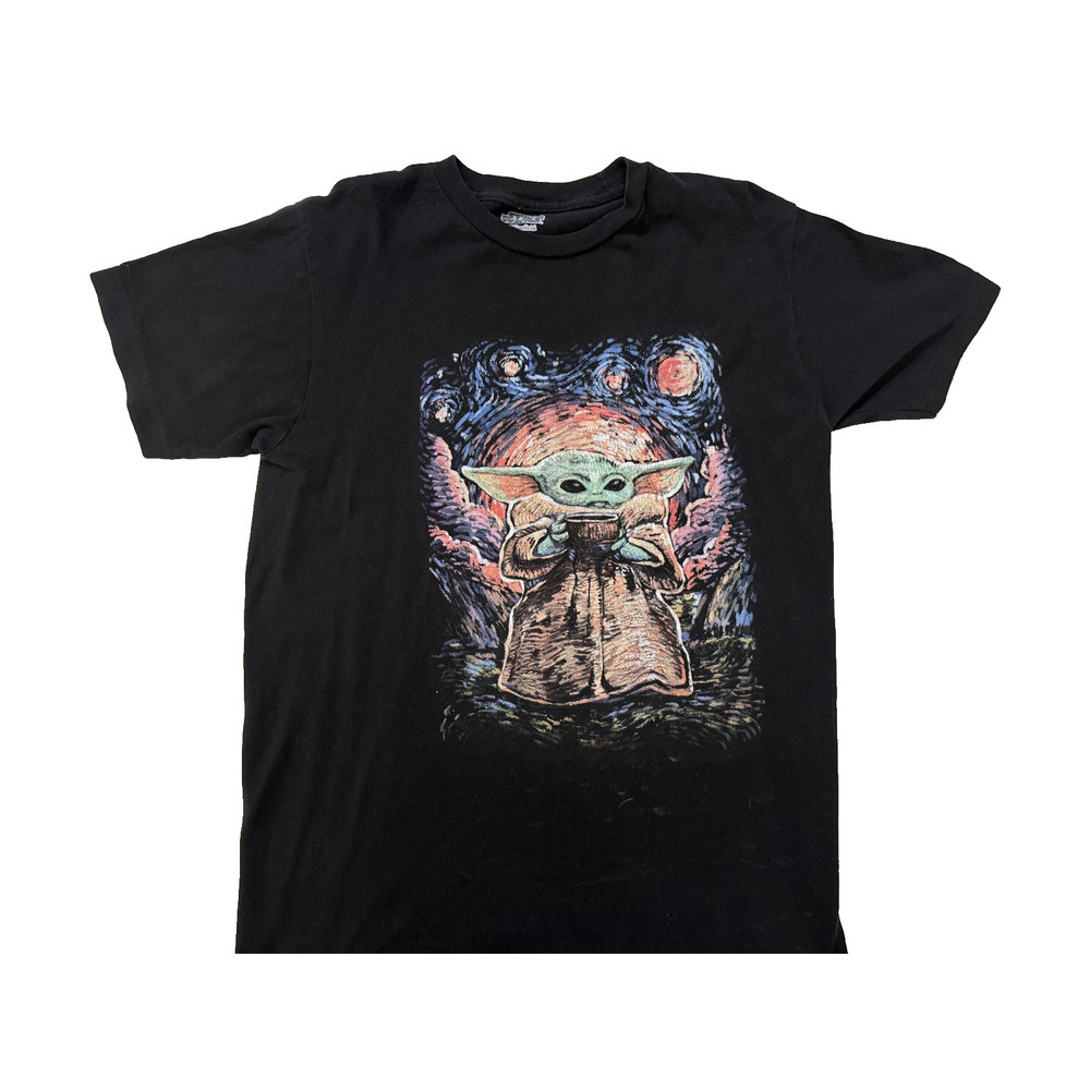 Star Wars The Mandalorian TShirt‎ Mens Small Black Grogu Baby Yoda Starry Night